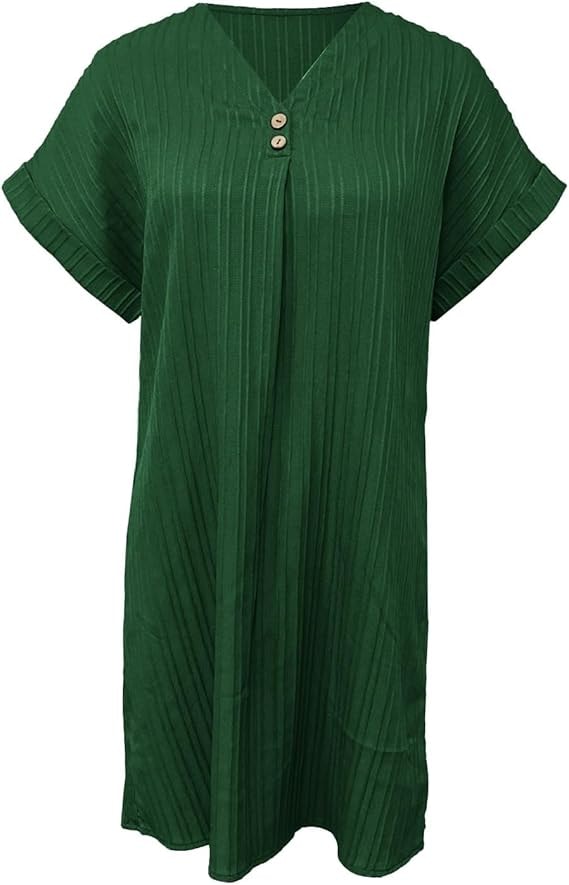 Ribbed Knit V-Neck Button-Detail Midi Dress with Short Sleeves