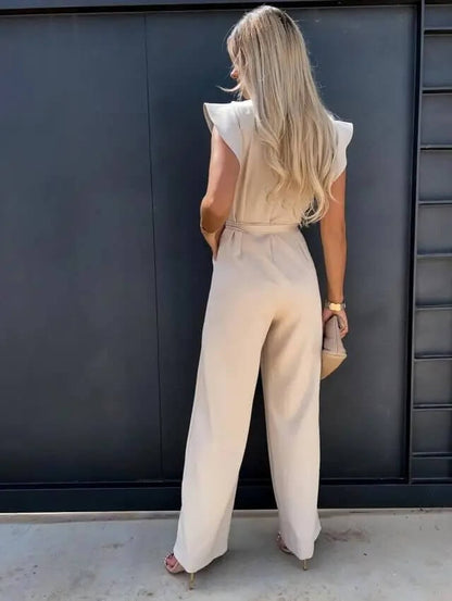 Women's Wide-Leg Linen Jumpsuit with Ruffle Sleeves and Belted Waist