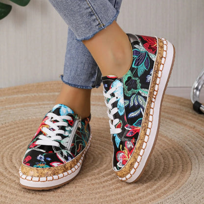 Women's Floral Embroidered Lace-Up Espadrille Sneakers with Cork Sole and Side Zip