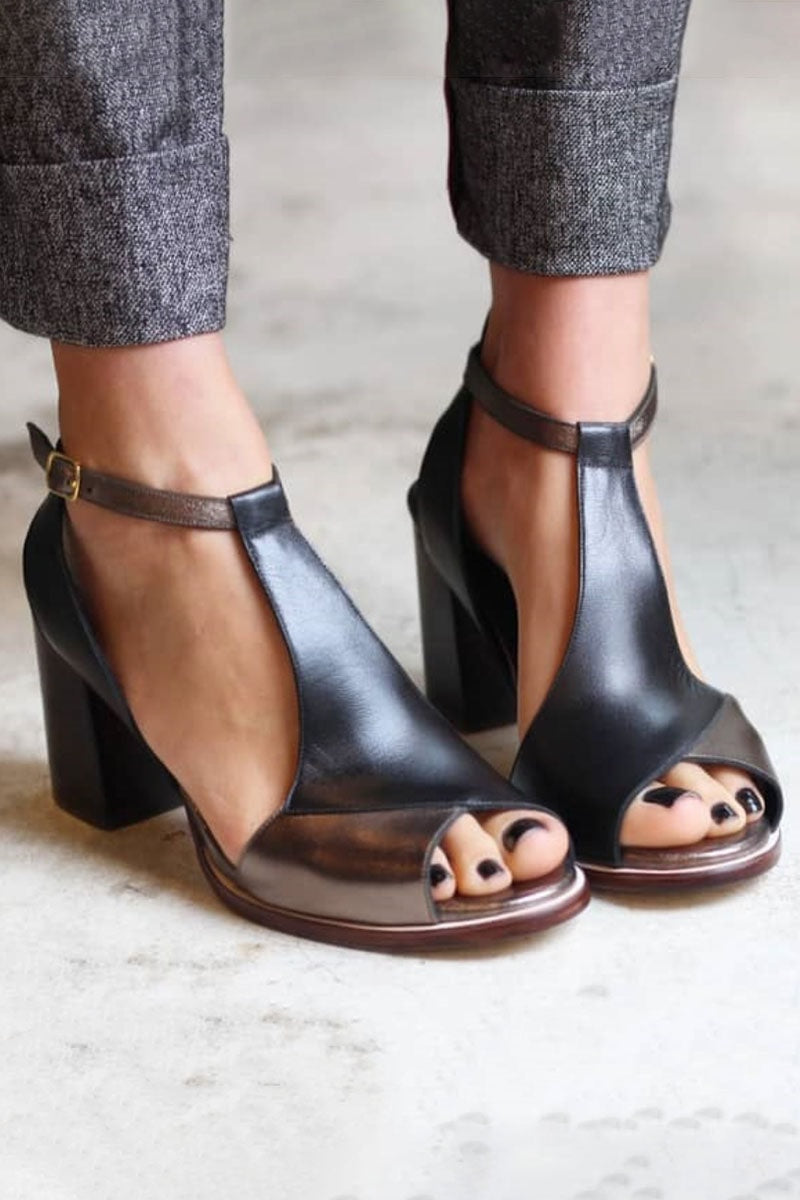 Black Block Heel Peep-Toe Comfort Sandals with Ankle Strap for Women