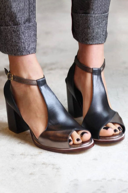 Black Block Heel Peep-Toe Comfort Sandals with Ankle Strap for Women