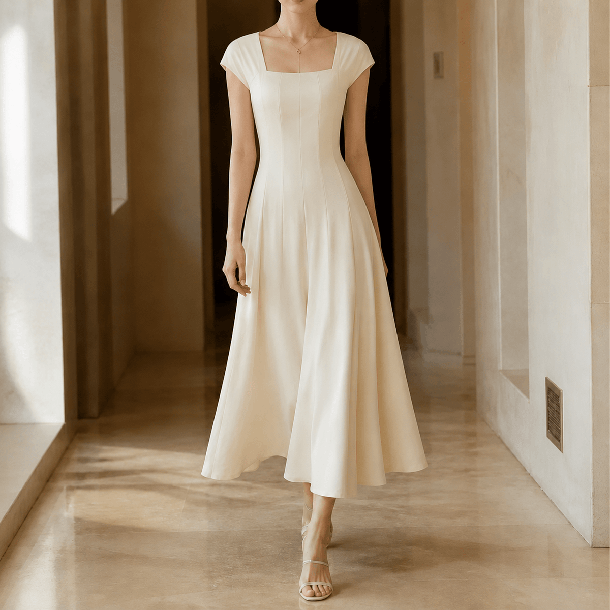 Elowyn Square Neck A-Line Women's Midi Dress with Sculpted Waist Seams
