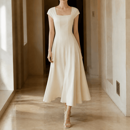 Elowyn Square Neck A-Line Women's Midi Dress with Sculpted Waist Seams