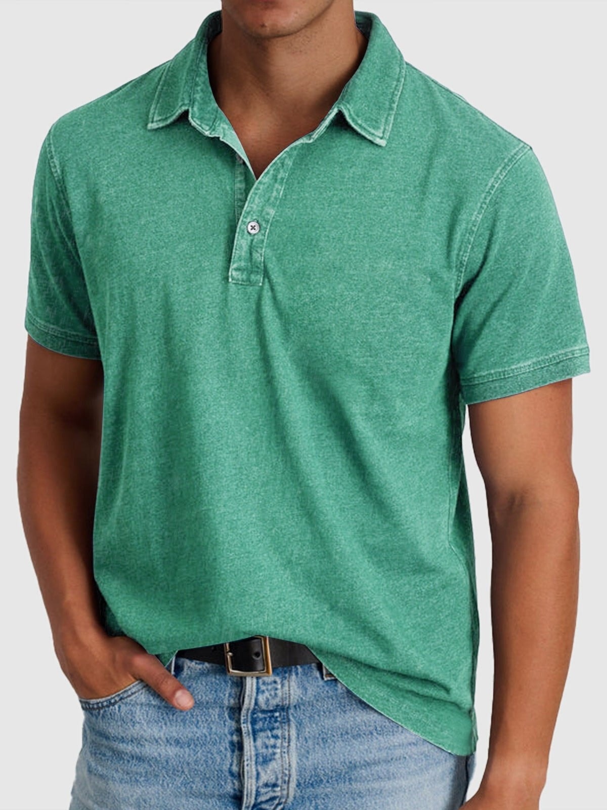 Men's Short-Sleeve Denim-Wash Cotton Polo Shirt