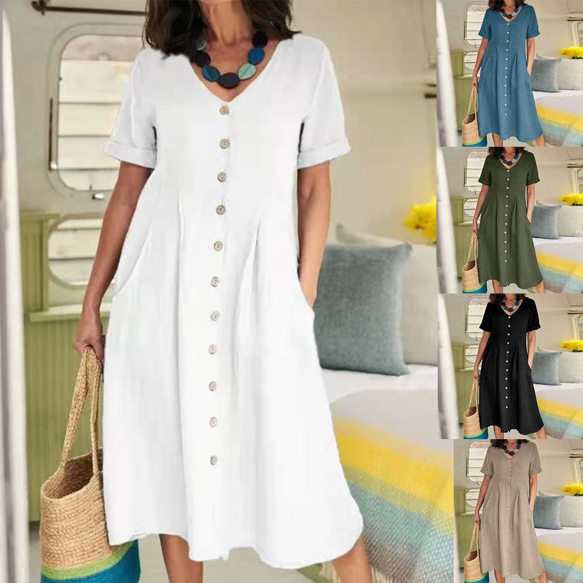 Button-Front Cotton Linen Blend A-Line Summer Midi Dress