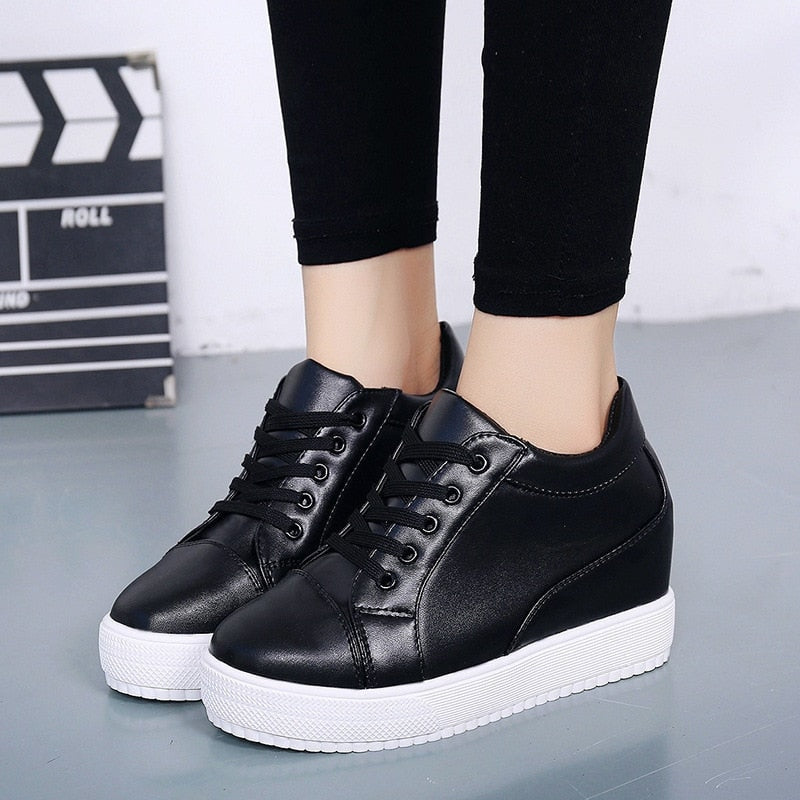 Women's Lace-Up Hidden Wedge Sneakers with Faux Leather Upper and Thick Sole