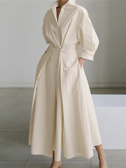 Sofia Collared A-Line Midi Dress with Pockets and 3/4 Sleeves