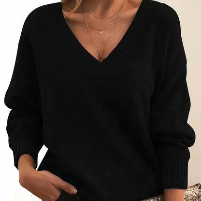 Mercy V-Neck Relaxed Fit Knit Sweater with Ribbed Cuffs