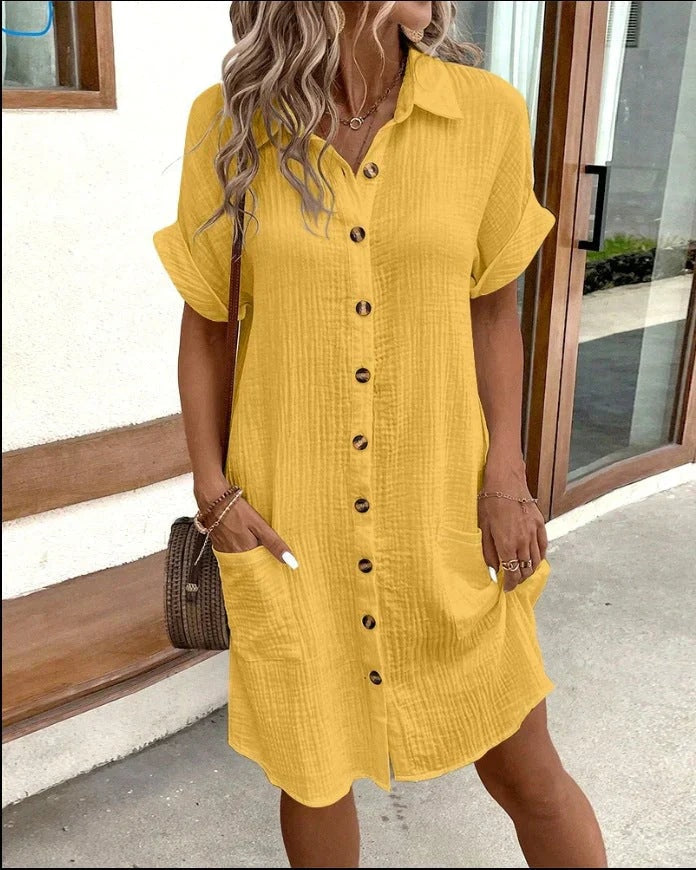 Tessa Button-Up Collared Cotton Blend Midi Dress for Women in Textured Solid