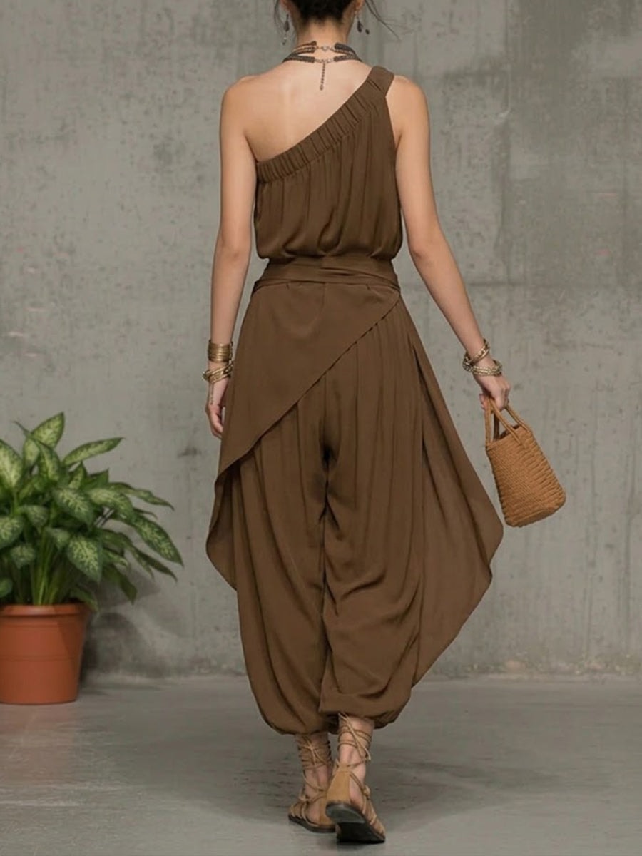 One-Shoulder Linen Jumpsuit with Harem Wide-Leg Silhouette and Tie Waist