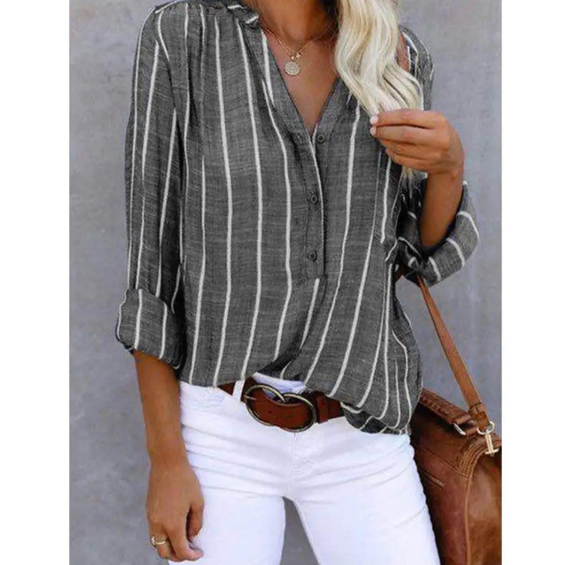 Candace Women's Striped Roll-Up Long Sleeve Blouse