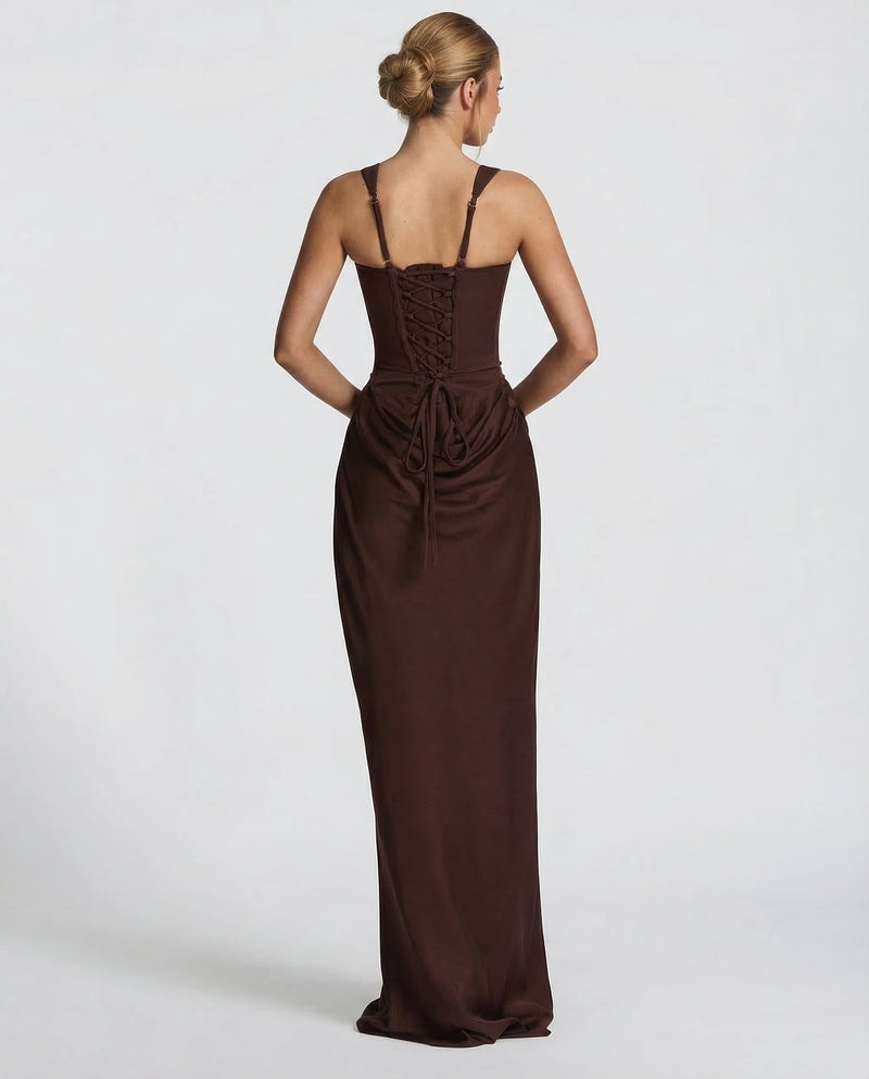 Sienna Laurent Satin Corset Maxi Dress with Draped Detail