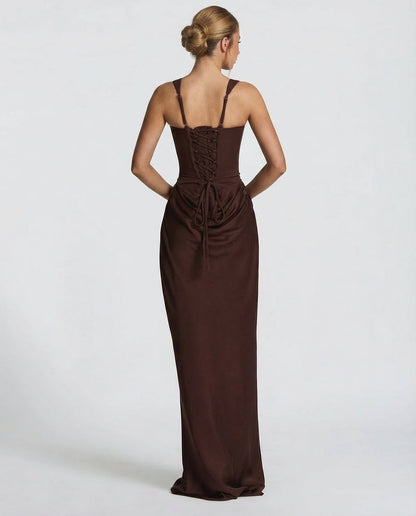 Sienna Laurent Satin Corset Maxi Dress with Draped Detail