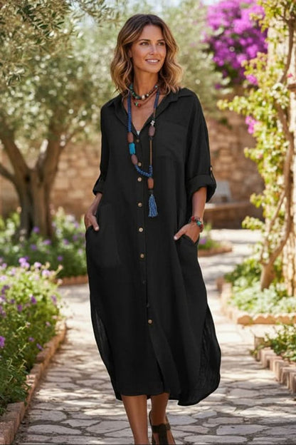 Thalia Oversized Collared Midi Shirt Dress with Roll-Up Sleeves and Side Pockets