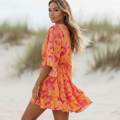 Women's Boho Floral Mini Dress with V-Neck Half Sleeves and Layered Ruffle Hem