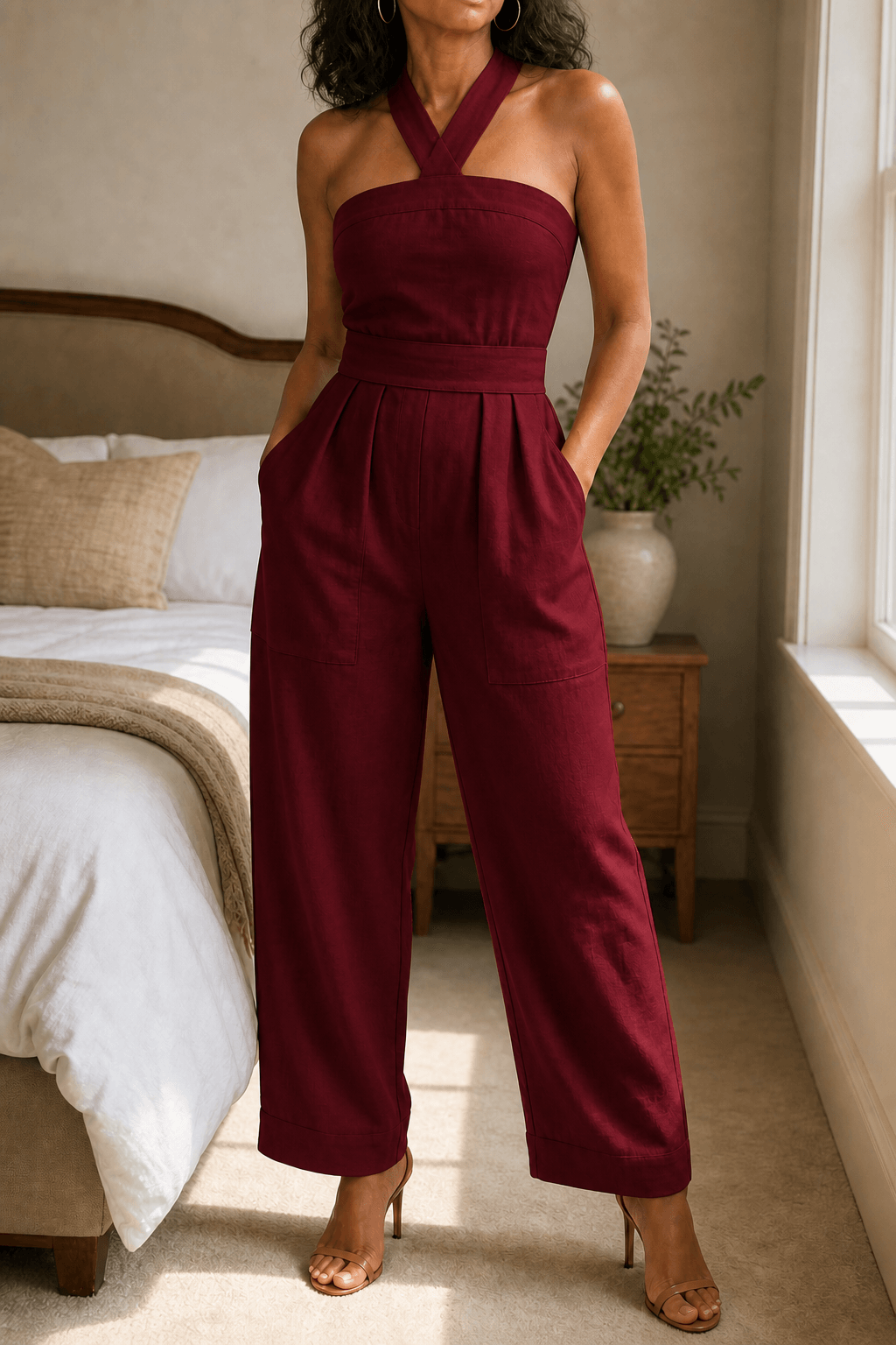 Women's Halter-Neck Wide-Leg Jumpsuit with Defined Waist