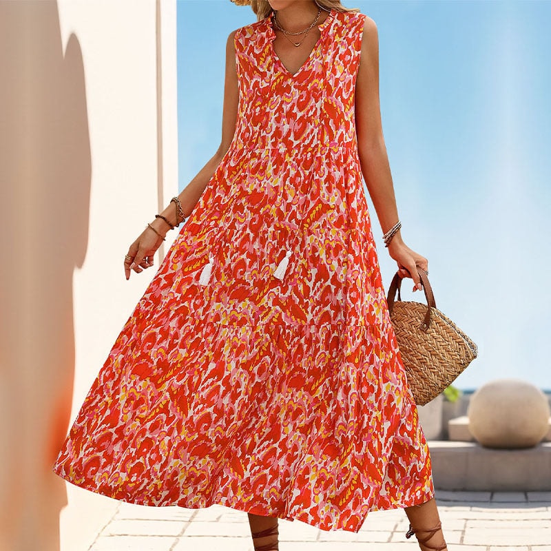 Aurora Sleeveless Tiered V-Neck Tassel-Tie Rayon Abstract Print Women's Summer Midi Dress