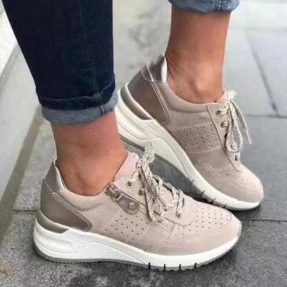 Lace-Up Wedge Sneakers with Side Zip and Perforated Detail