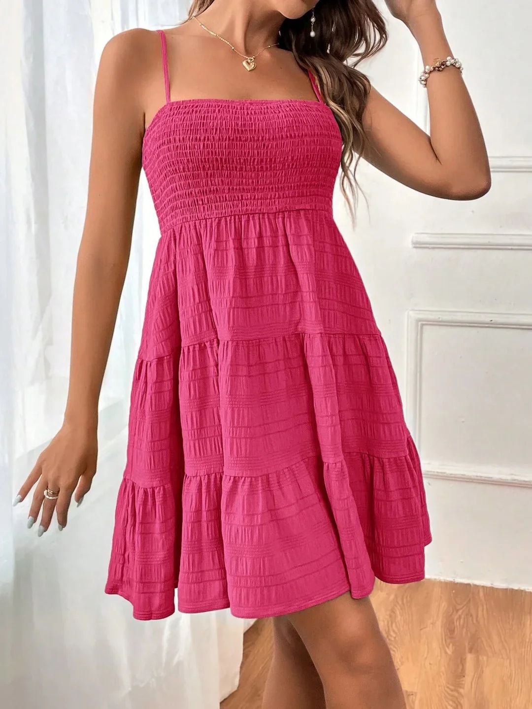Women's Smocked Summer Mini Dress with Tiered Ruffle Hem and Thin Straps
