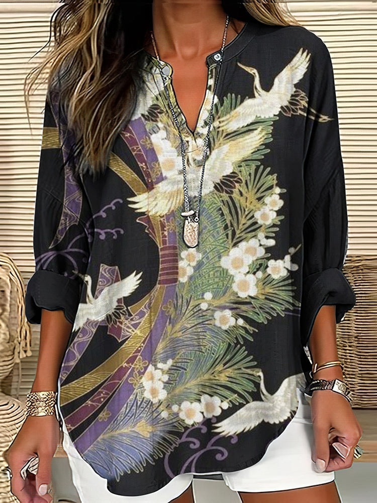Women's Crane Print Long Sleeve Blouse with Split Neckline
