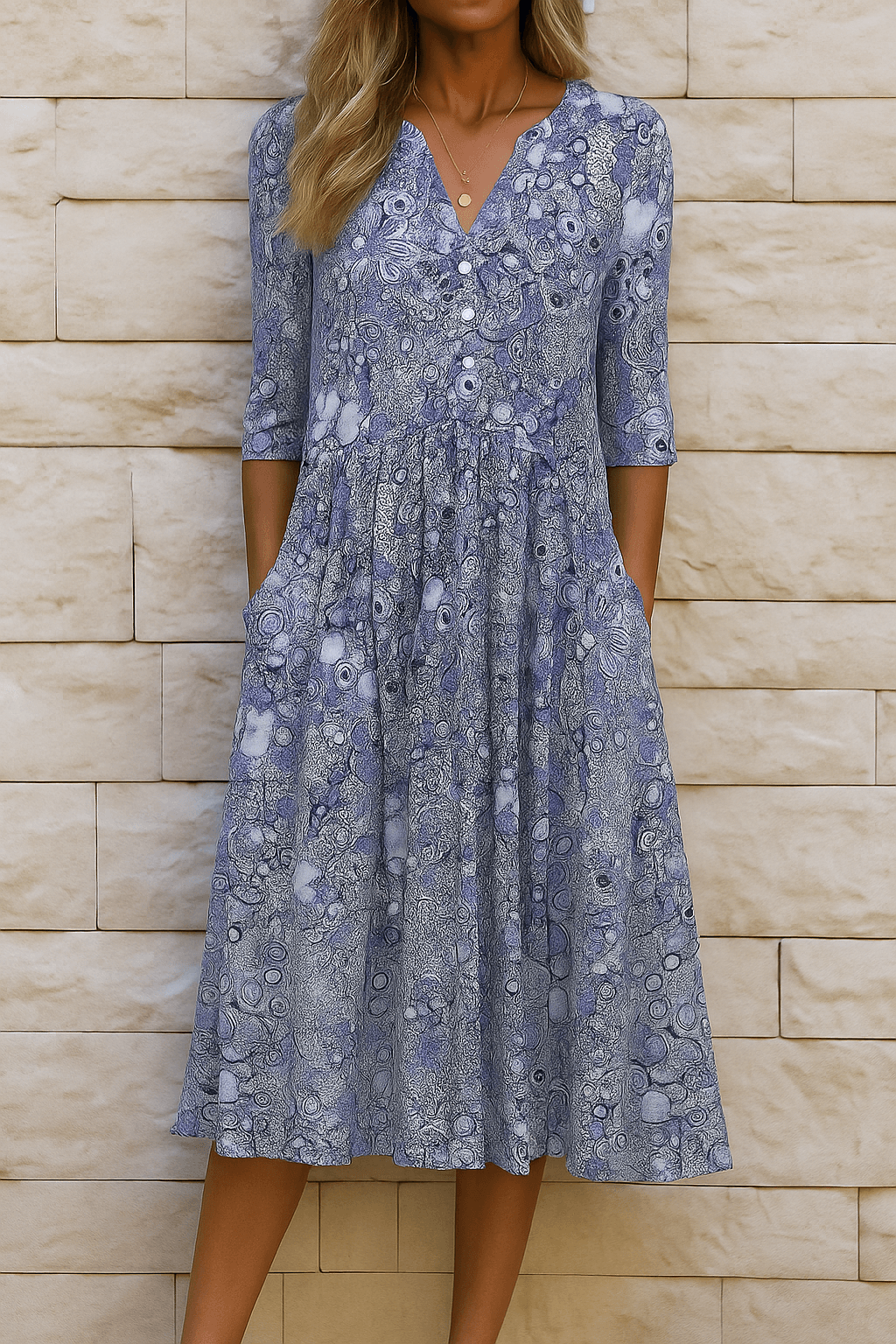 Floral Button-Front V-Neck Women's Midi Dress with Pockets