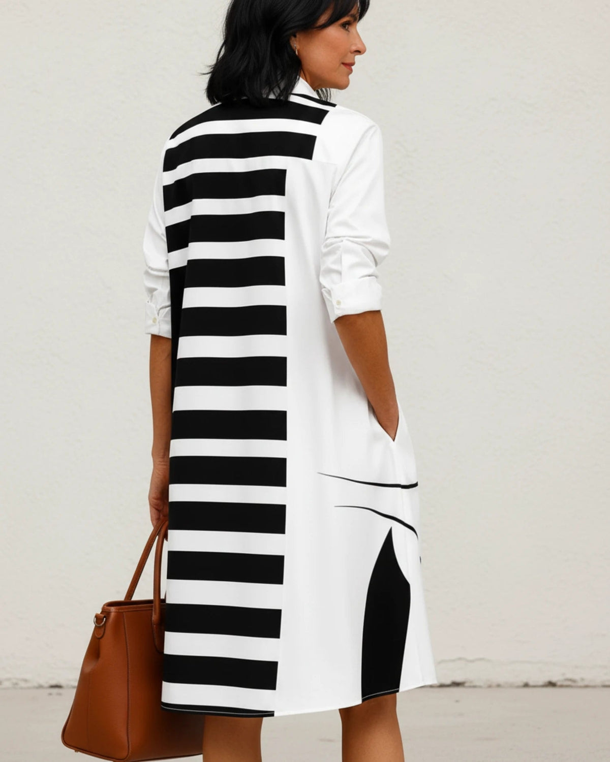 Graphic Print Knee-Length Shirt Dress with Long Sleeves and Button-Down Front