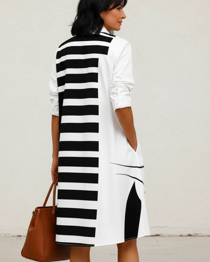 Graphic Print Knee-Length Shirt Dress with Long Sleeves and Button-Down Front