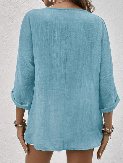 Ava V-Neck Button-Up Linen Blouse with Long Sleeves for Women