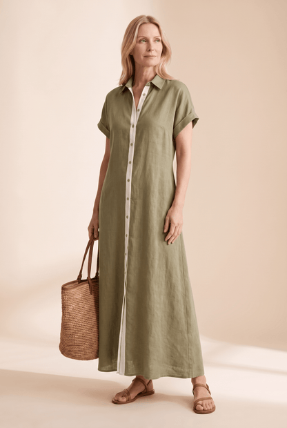 Women's Button-Front Linen Blend Summer Shirt Dress