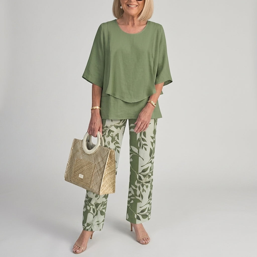 Women's Matching Two-Piece Set with Layered Flutter Top and Wide-Leg Pants