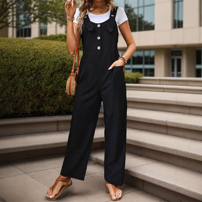 Women's Wide-Leg Overall Jumpsuit with Button-Front Bib
