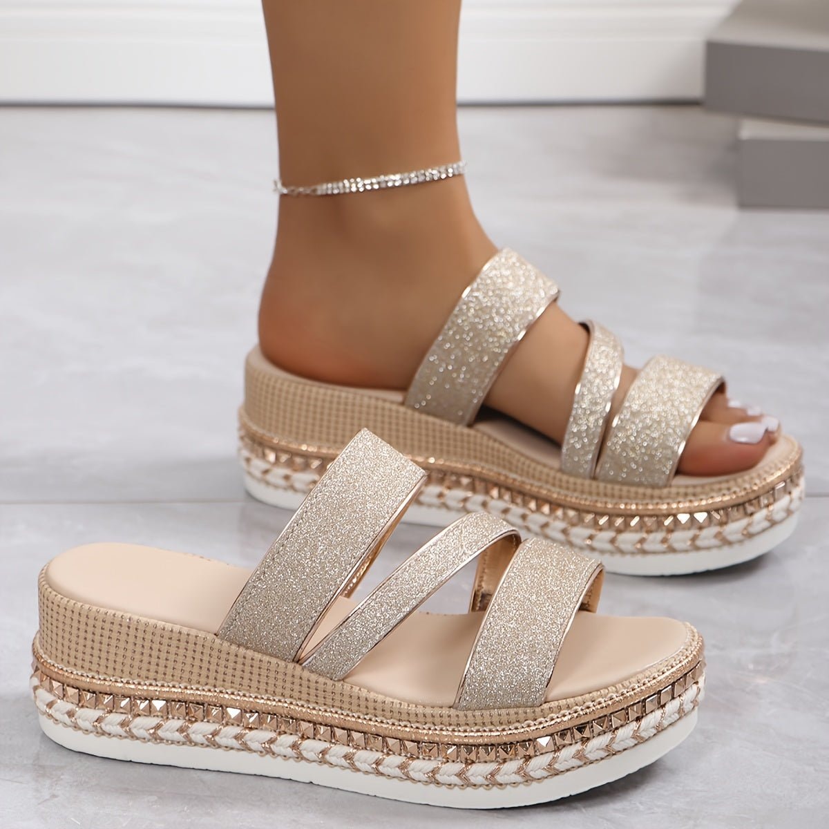 Imogen Calloway Glitter Platform Sandals with Rhinestone Ankle Strap for Women