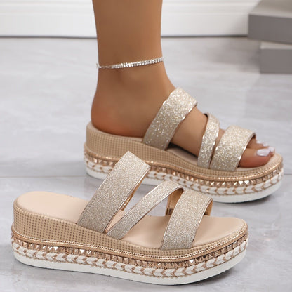 Imogen Calloway Glitter Platform Sandals with Rhinestone Ankle Strap for Women