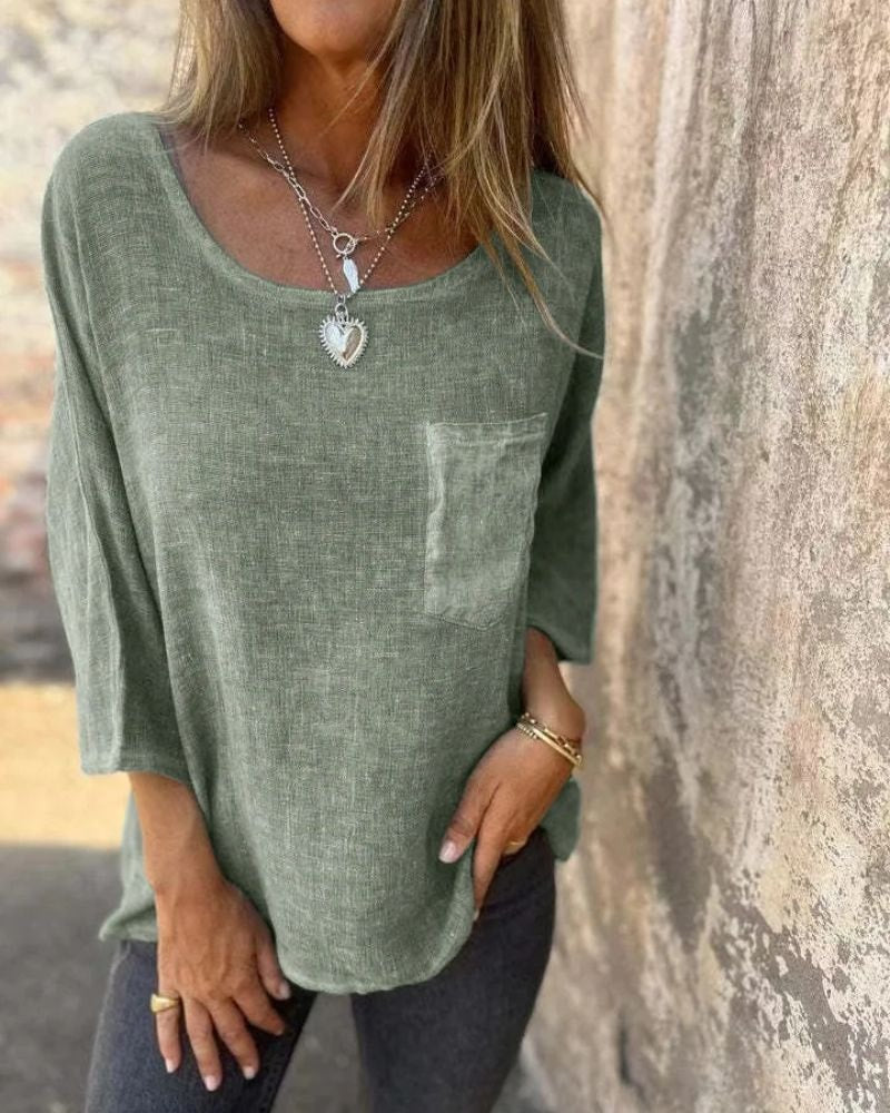 Cemagi Relaxed Fit Cotton Linen Blend Summer Top with Round Neckline and Chest Pocket