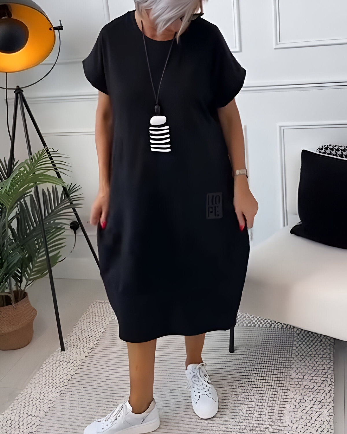 Bessie Relaxed Drop-Shoulder Short-Sleeve Dress with Pockets in Midi Length