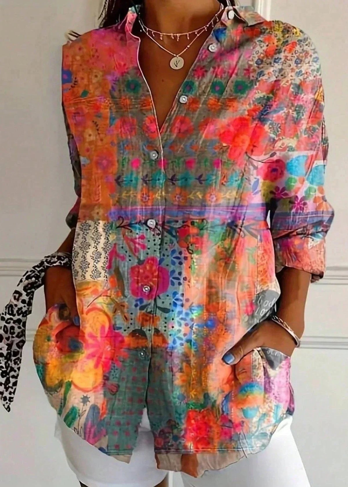 Women's Floral Print Long Sleeve Button Up Blouse for Summer