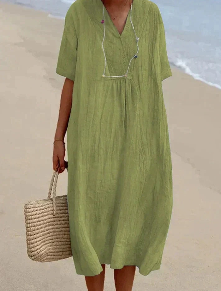 Women's Cotton Linen V-Neck Summer Midi Dress with Side Pockets
