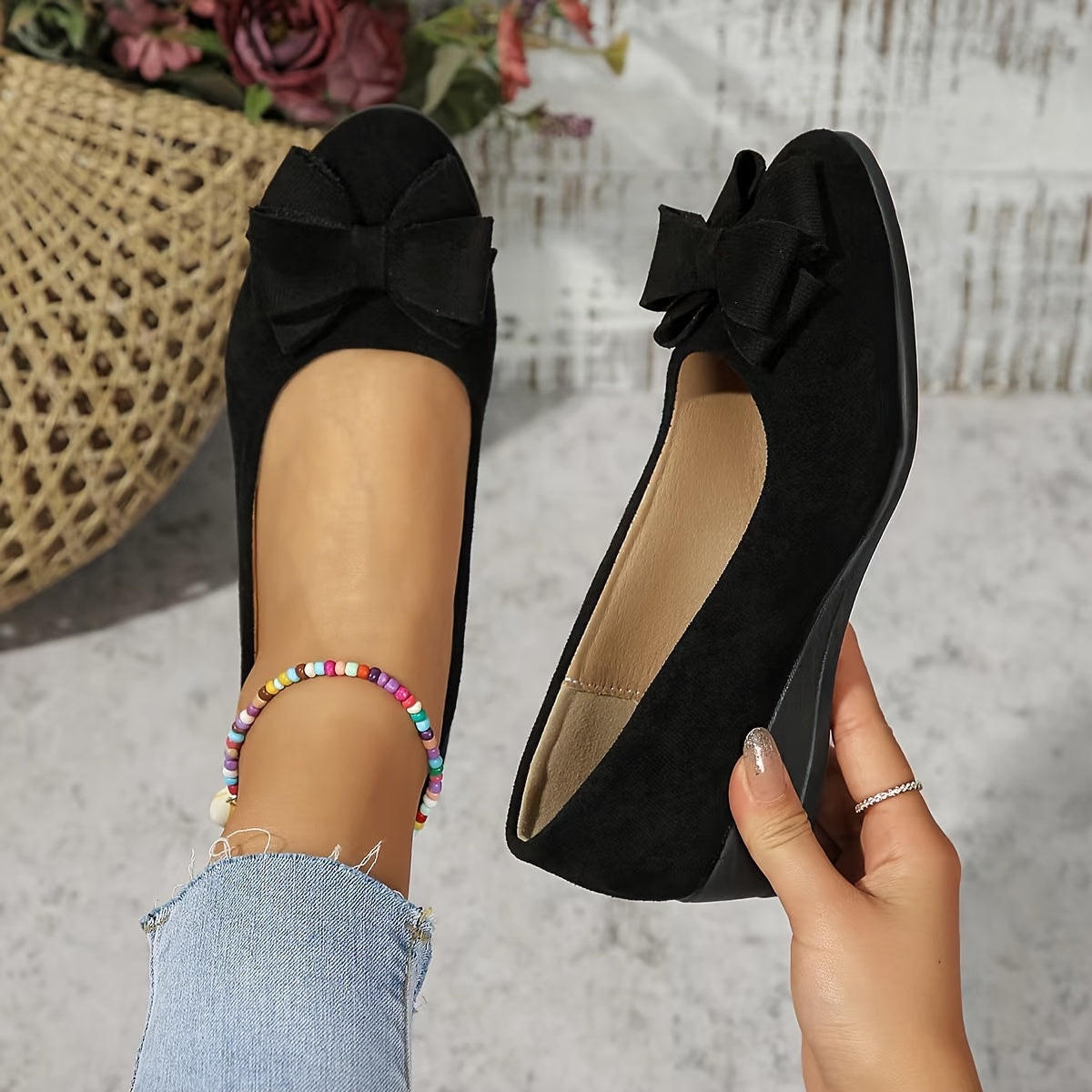 Maisie Faux Suede Slip-On Wedge Ballet Flats with Bow and Rounded Toe