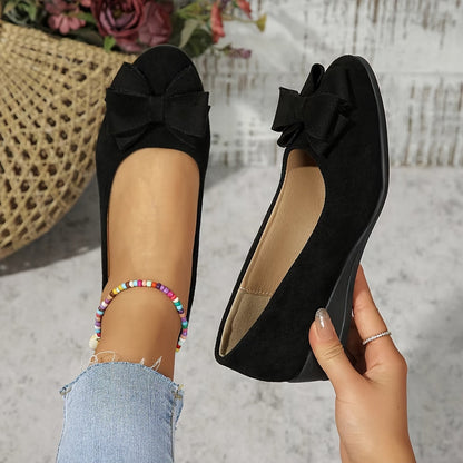 Maisie Faux Suede Slip-On Wedge Ballet Flats with Bow and Rounded Toe