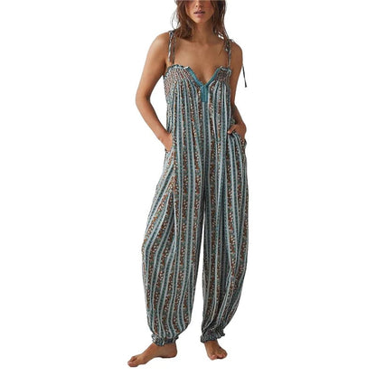 Women's Boho Harem Linen Jumpsuit with Tie-Shoulder Straps