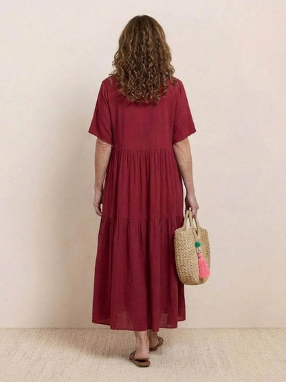 Women's Tiered Ruffle V-Neck Midi Dress with Short Sleeves in Polyester