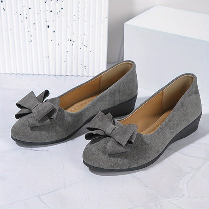 Maisie Faux Suede Slip-On Wedge Ballet Flats with Bow and Rounded Toe