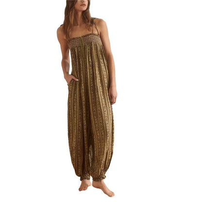 Women's Boho Harem Linen Jumpsuit with Tie-Shoulder Straps
