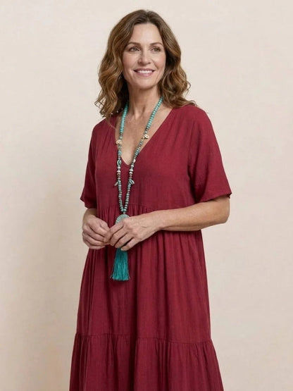 Women's Tiered Ruffle V-Neck Midi Dress with Short Sleeves in Polyester
