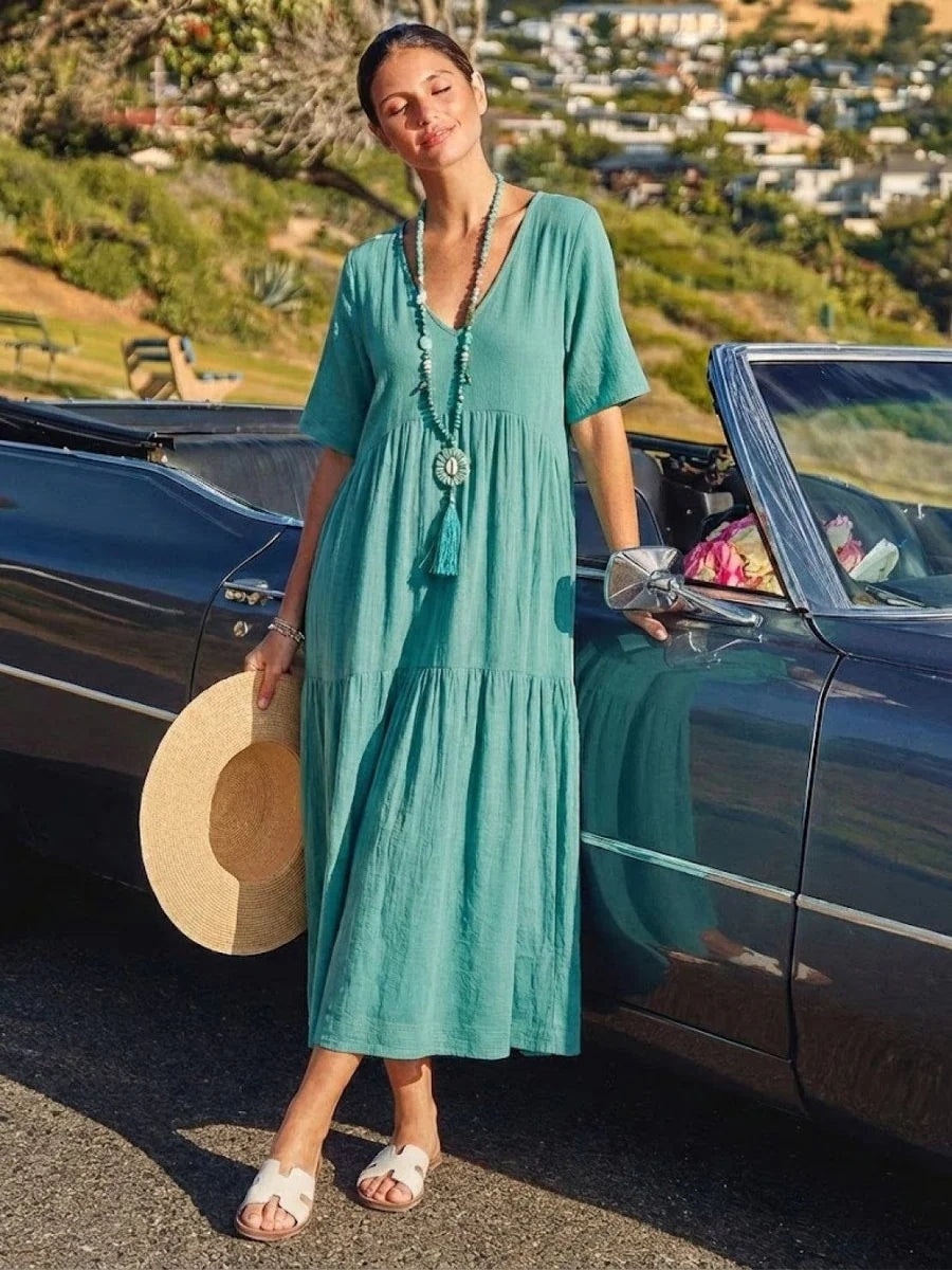Women's Tiered Ruffle V-Neck Midi Dress with Short Sleeves in Polyester