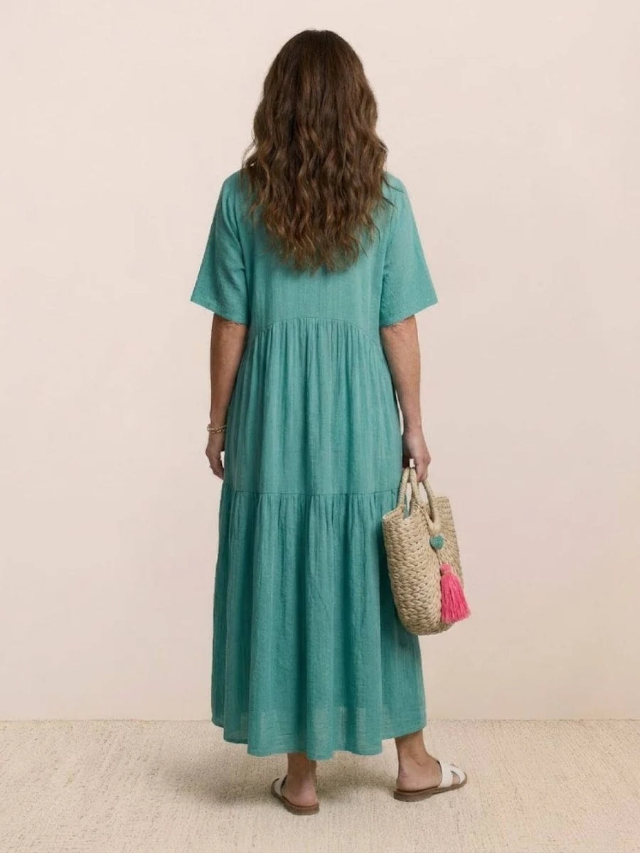 Women's Tiered Ruffle V-Neck Midi Dress with Short Sleeves in Polyester