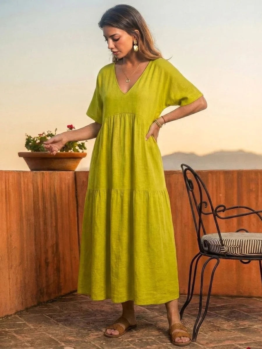 Women's Tiered Ruffle V-Neck Midi Dress with Short Sleeves in Polyester