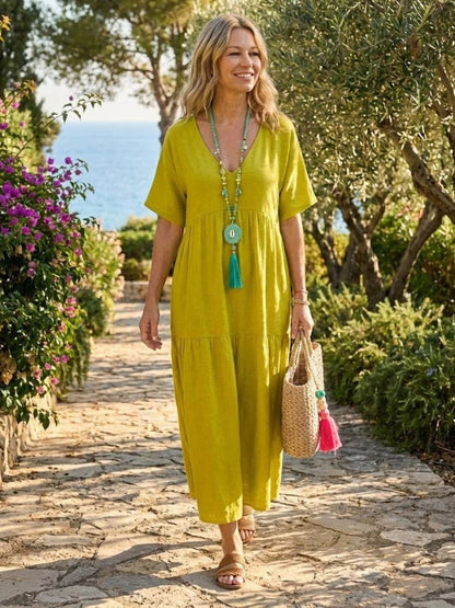 Women's Tiered Ruffle V-Neck Midi Dress with Short Sleeves in Polyester