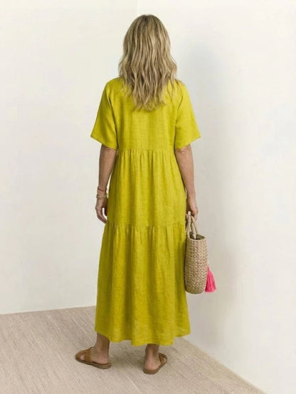 Women's Tiered Ruffle V-Neck Midi Dress with Short Sleeves in Polyester