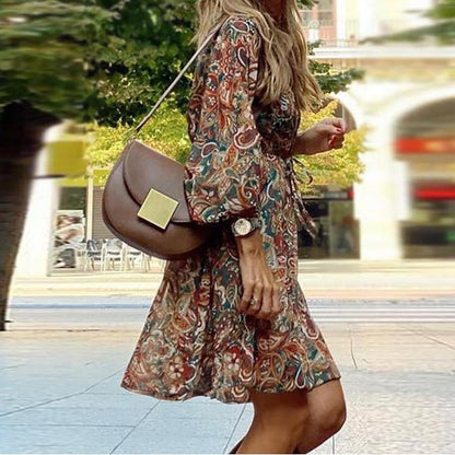 Rozina Paisley Print Boho Women's Midi Dress with Tie-Front Waist